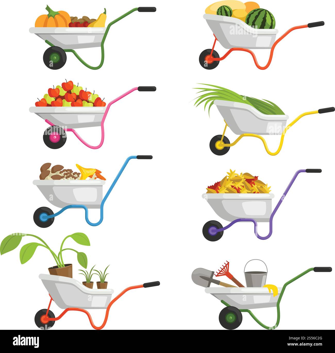 Set of wheelbarrows with different fruits and vegetables. Farm garden ...