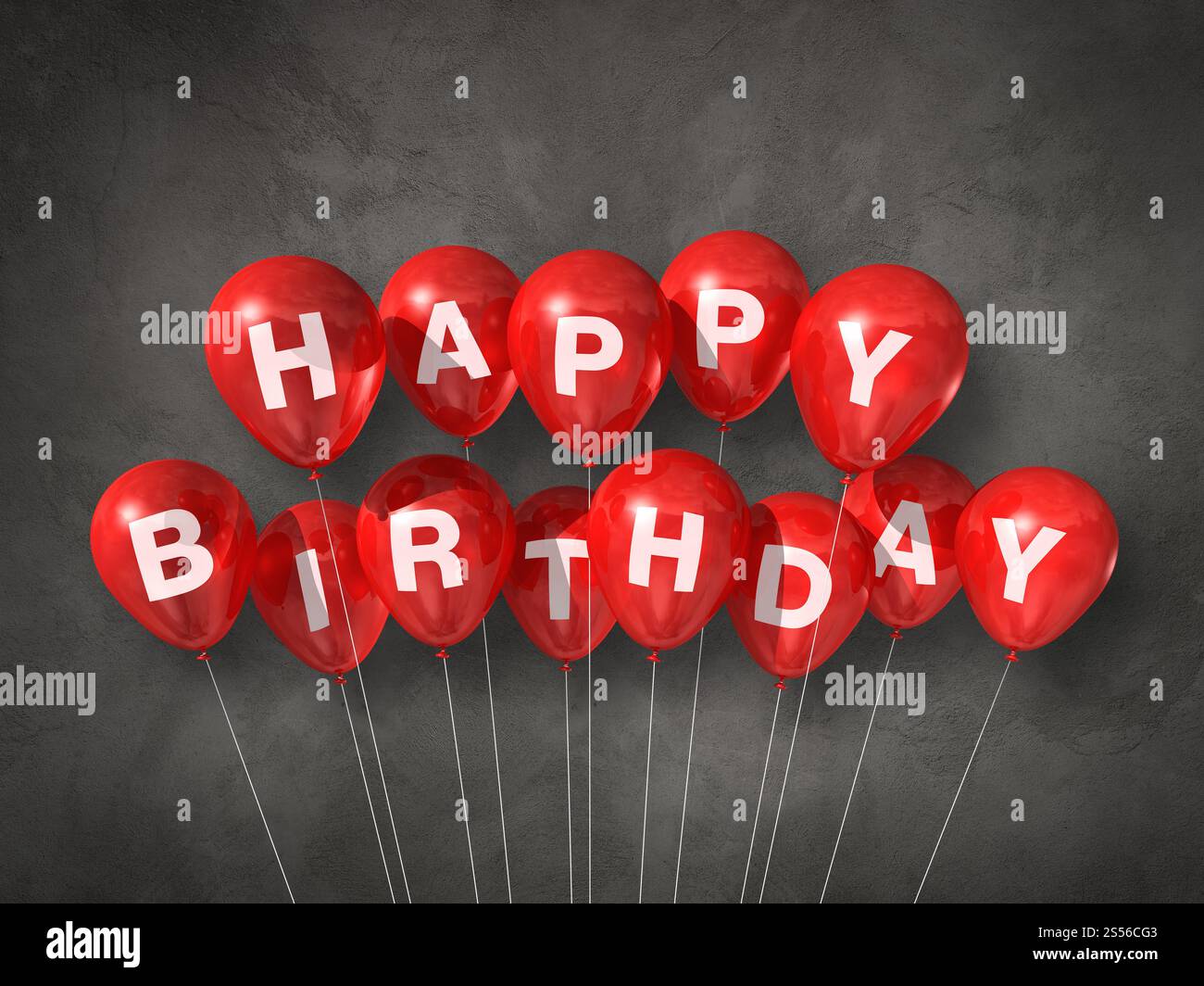 Red happy birthday air balloons on a concrete background. 3D ...