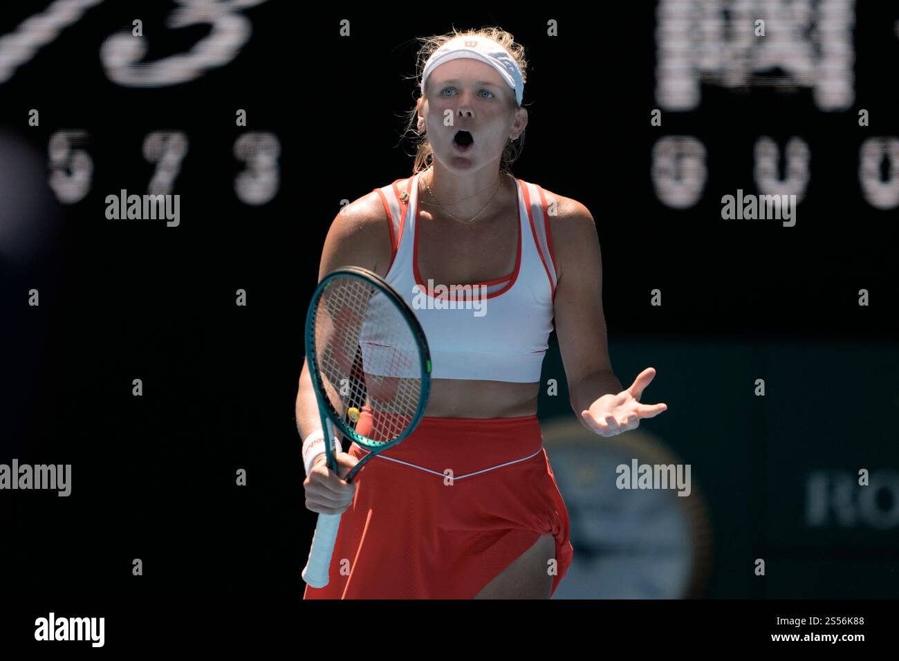 Peyton Stearns of the U.S. reacts during her first round match against