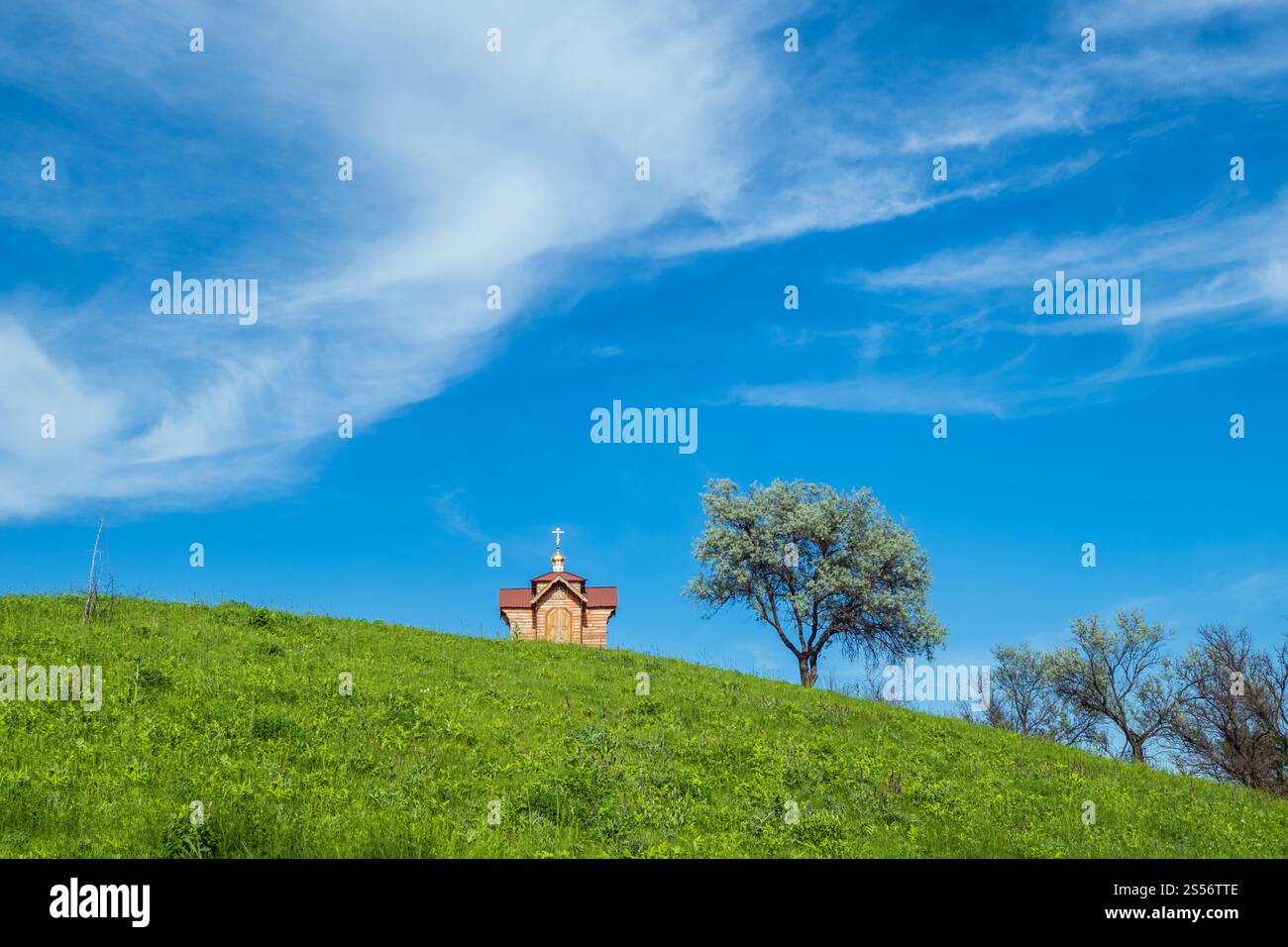 Small old wooden chapel on summer green grassy hill top, lonely willow tree and blue sky with cloud. Stock Photo