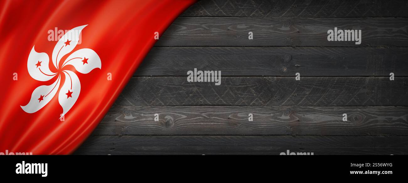 Hong Kong flag on black wood wall. Horizontal panoramic banner. Hong ...
