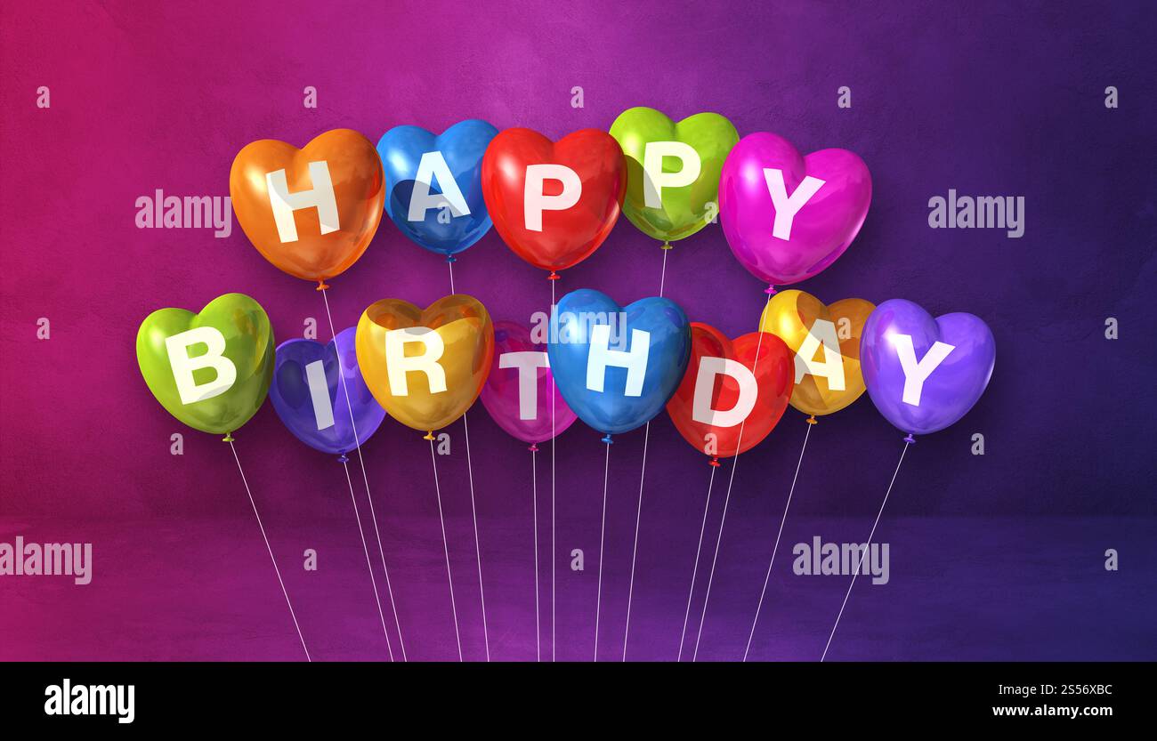Colorful happy birthday heart shape air balloons on a purple background ...