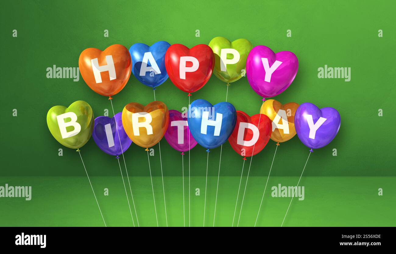 Colorful happy birthday heart shape air balloons on a green background ...