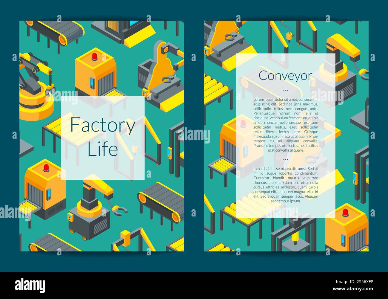 Vector isometric conveyor elements card, flyer or brochure template illustration. Vector isometric conveyor elements card Stock Vector