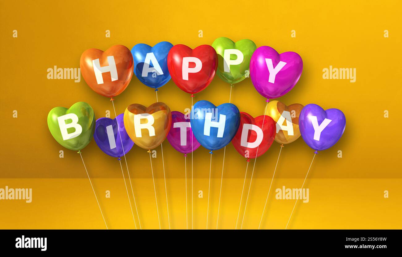 Colorful happy birthday heart shape air balloons on a yellow background ...