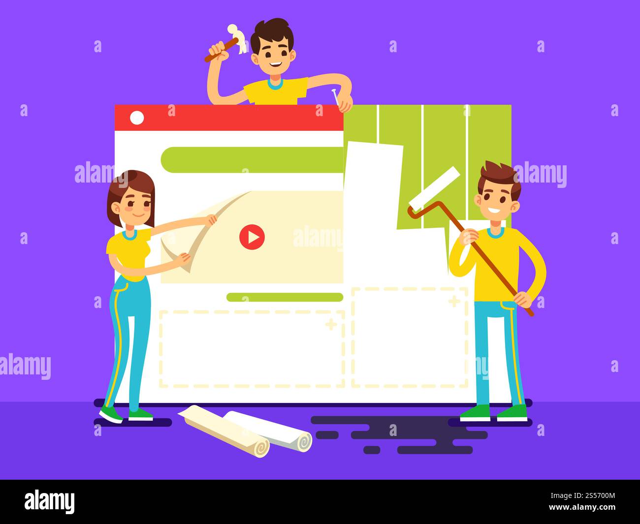 Website development with developers creating content. Web construction vector concept illustration. Team designers man and woman. Website development with developers creating content. Web construction vector concept illustration Stock Vector