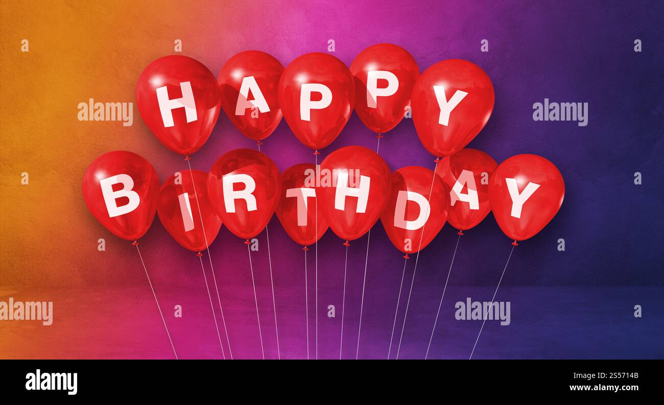 Red happy birthday air balloons on a rainbow background scene ...