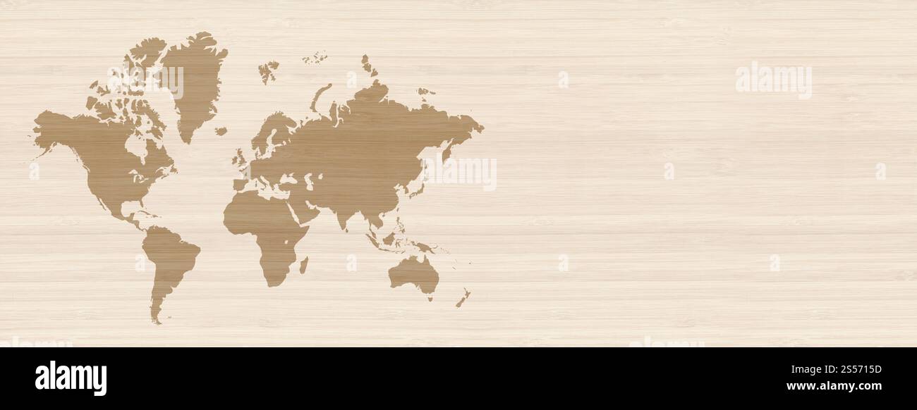 World map isolated on beige wooden wall background. Horizontal banner ...