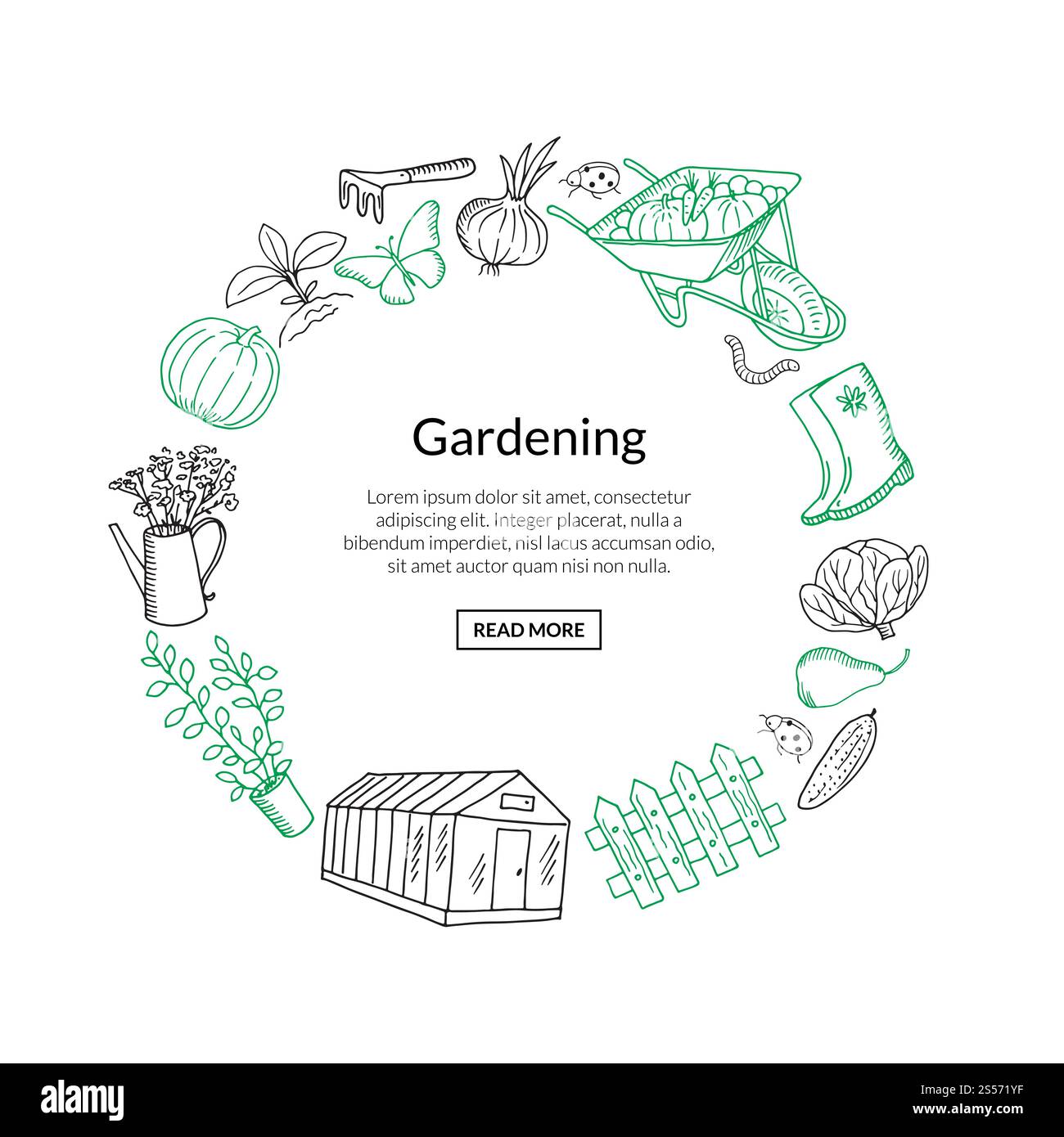 Vector gardening doodle icons in circle form with place for text in ...