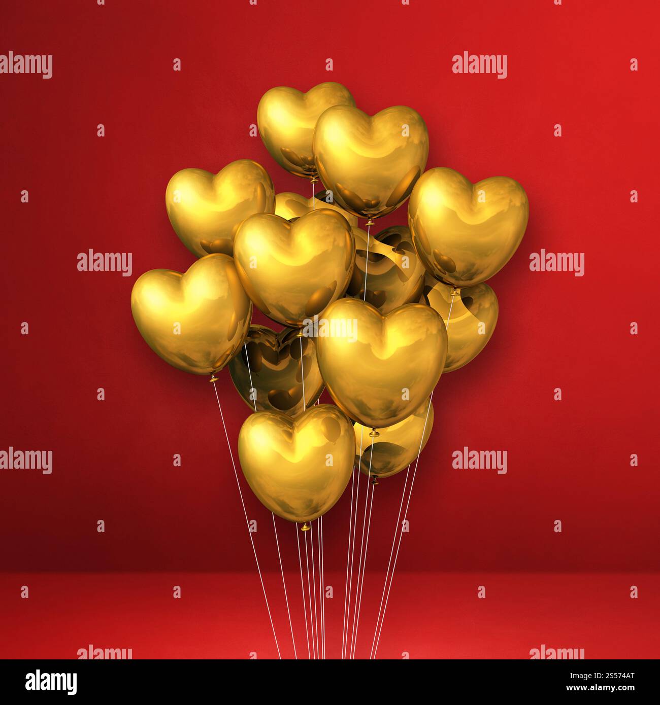 Gold heart shape balloons bunch on a red wall background. 3D ...