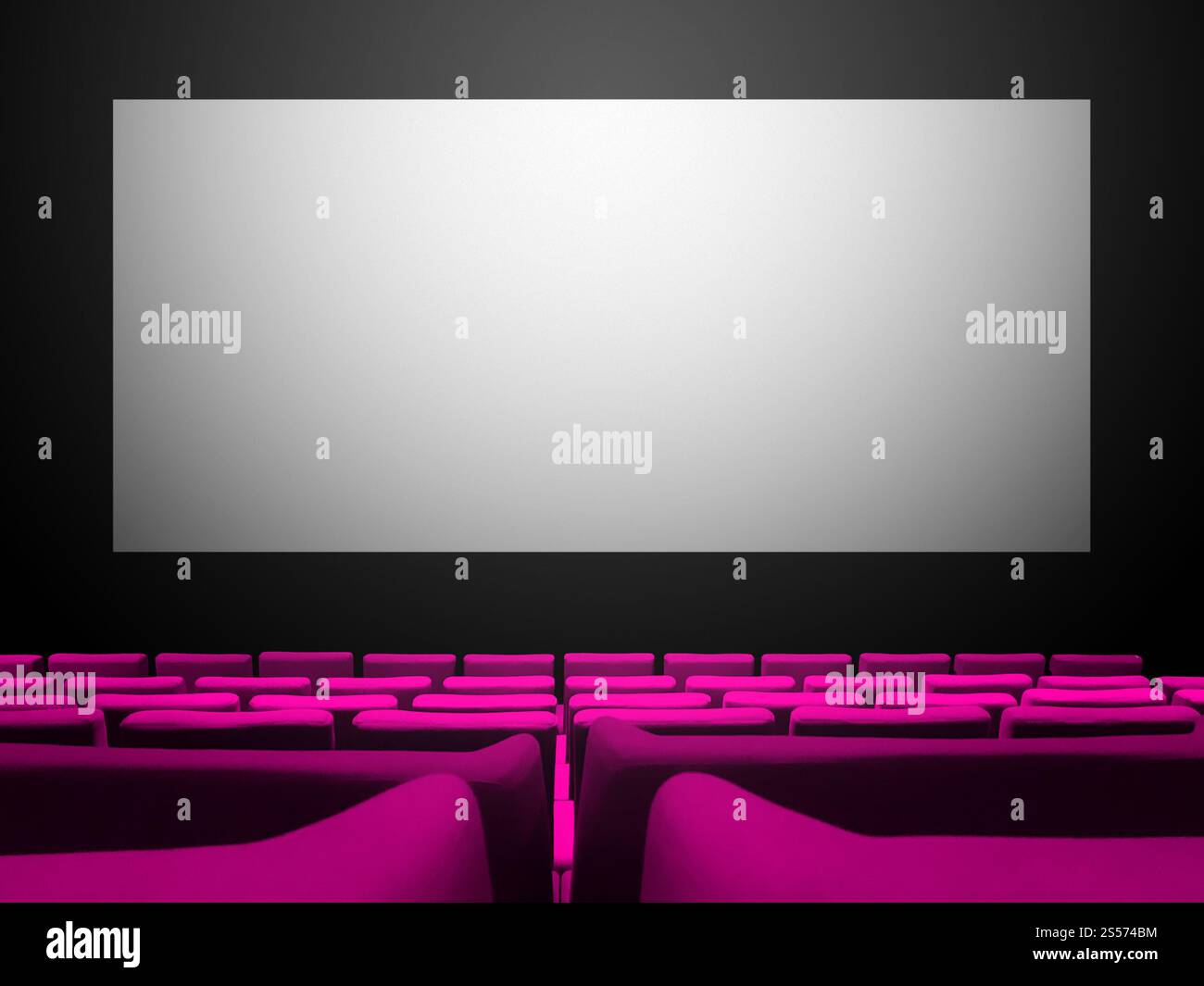 Cinema movie theatre with pink velvet seats and a blank white screen ...
