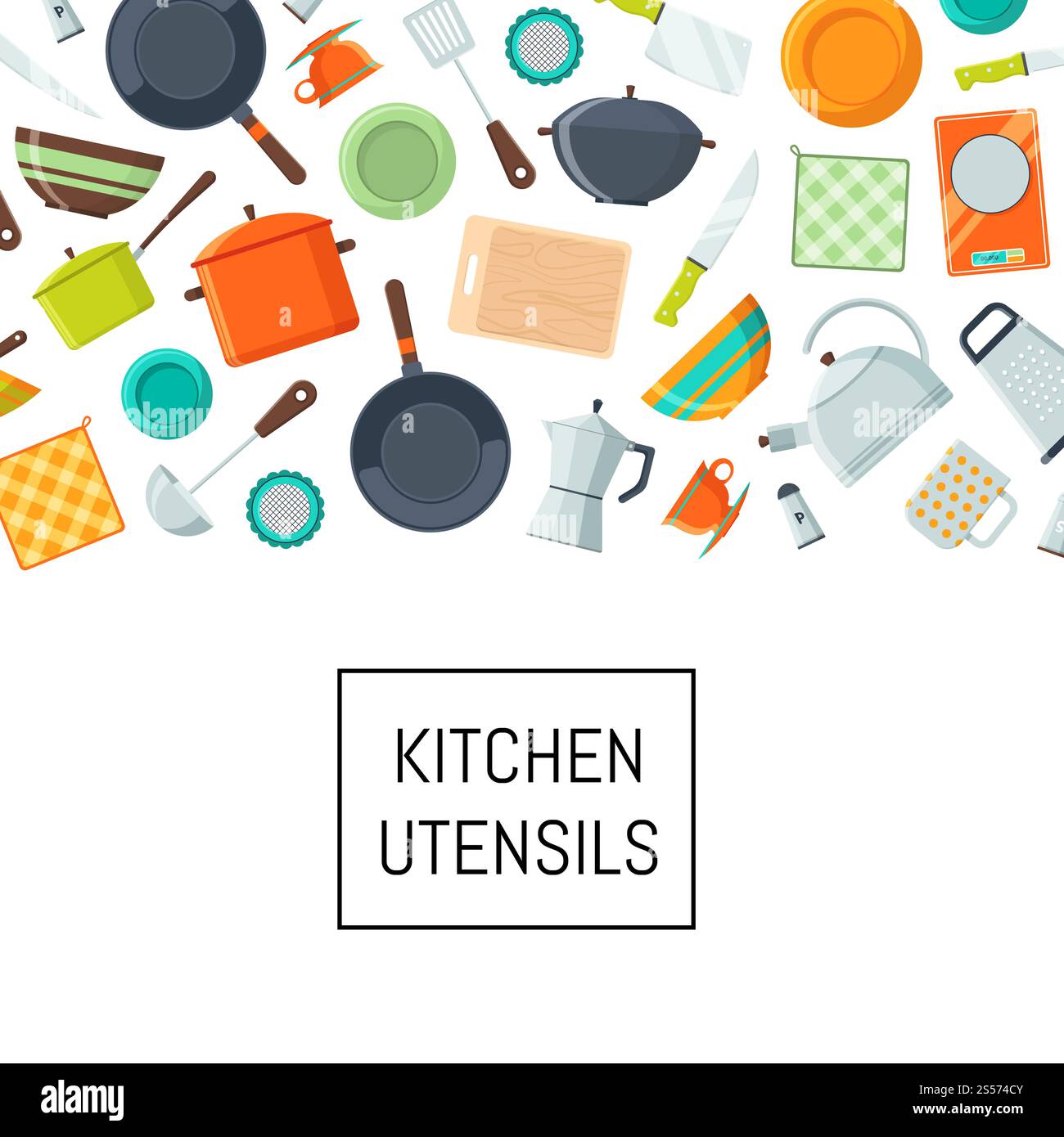 Vector kitchen utensils flat icons background with place for text ...
