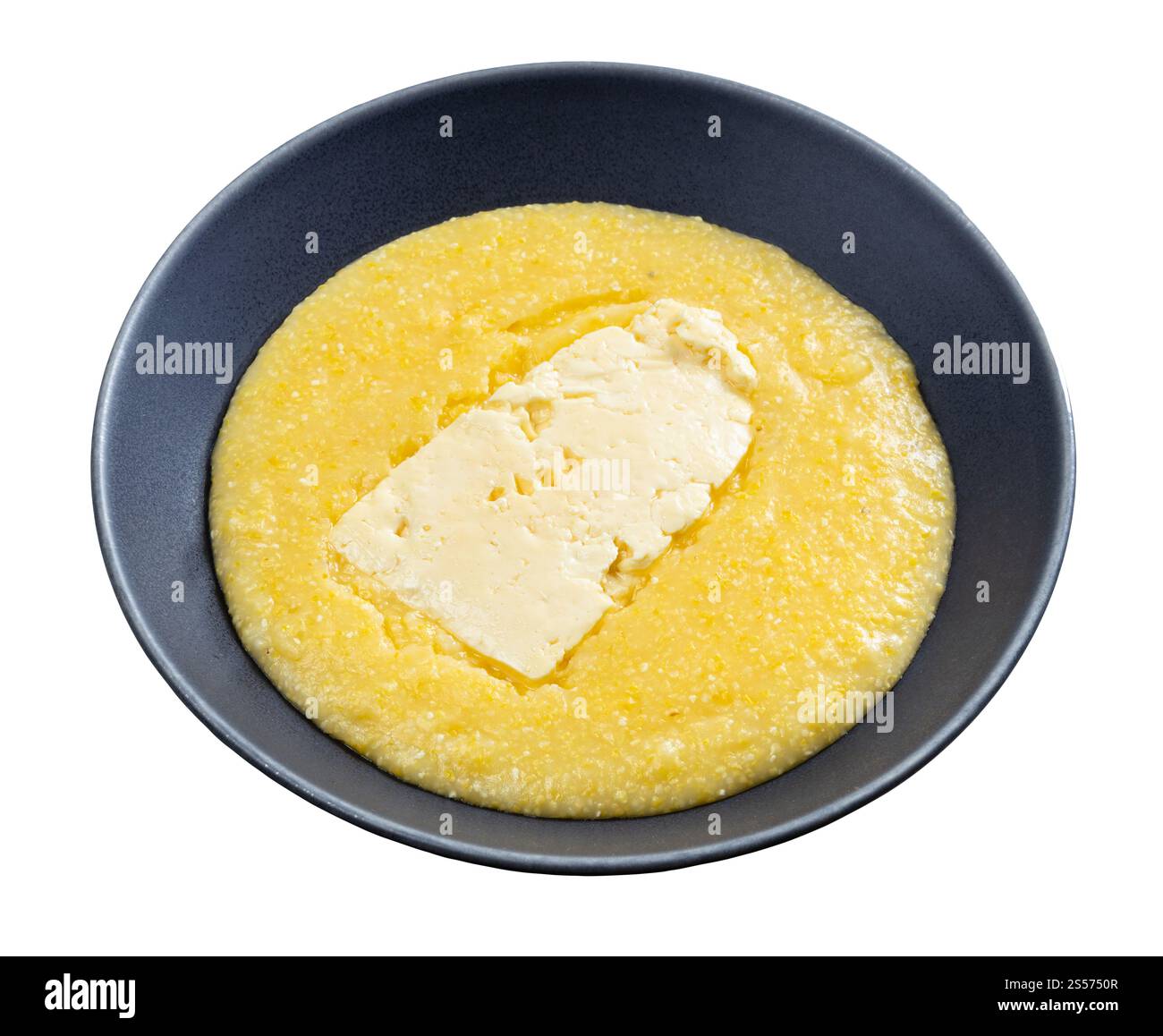 cornmeal porridge with piece of brined cheese in gray bowl isolated on ...
