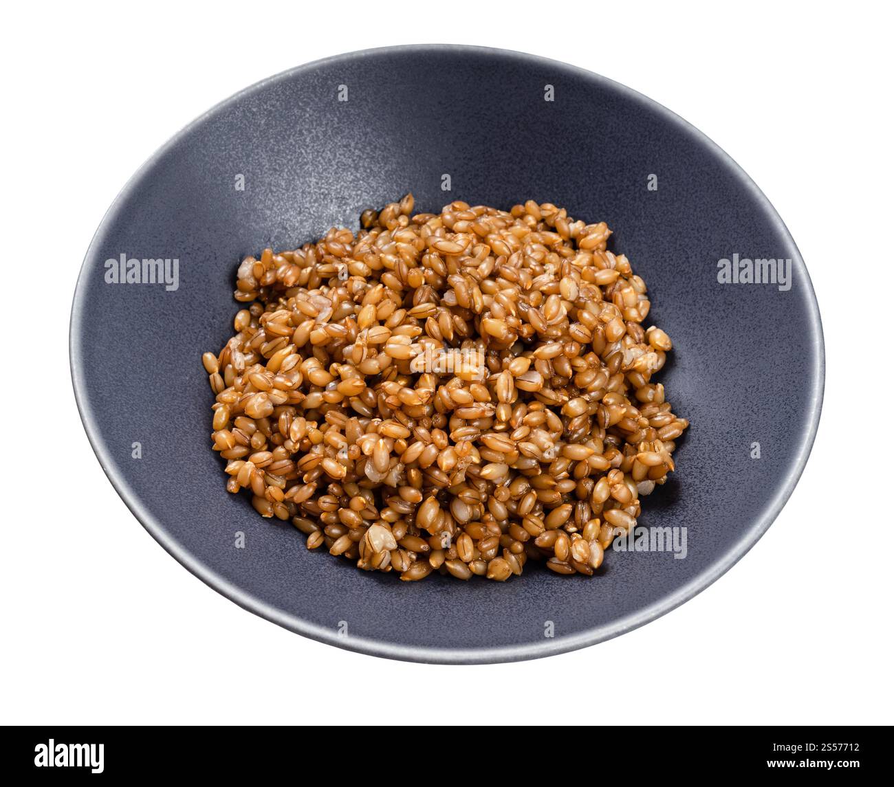 cooked porridge from whole-grain rye in gray bowl isolated on white ...