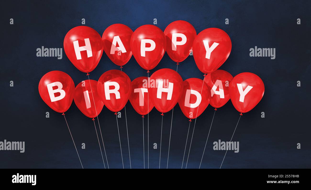 Red happy birthday air balloons on a black background scene. Horizontal ...