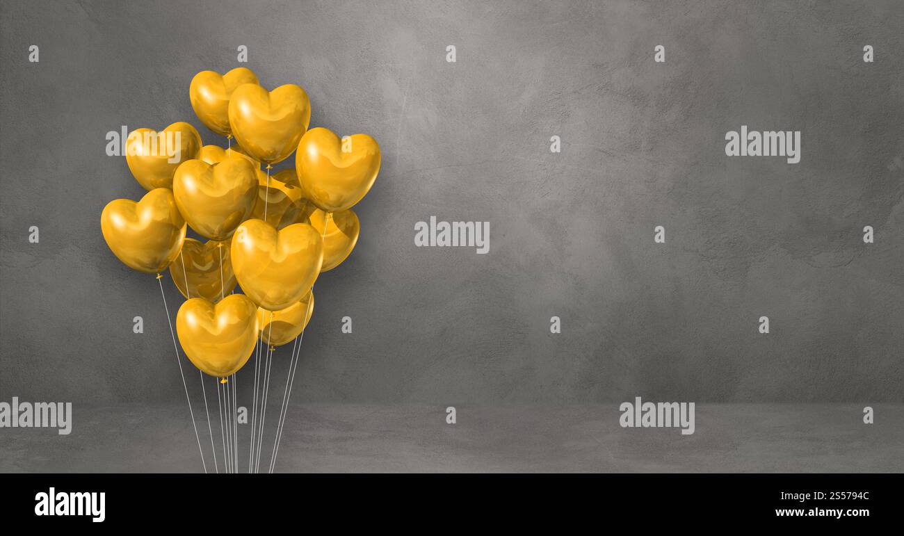 Yellow heart shape balloons bunch on a grey wall background. Horizontal ...