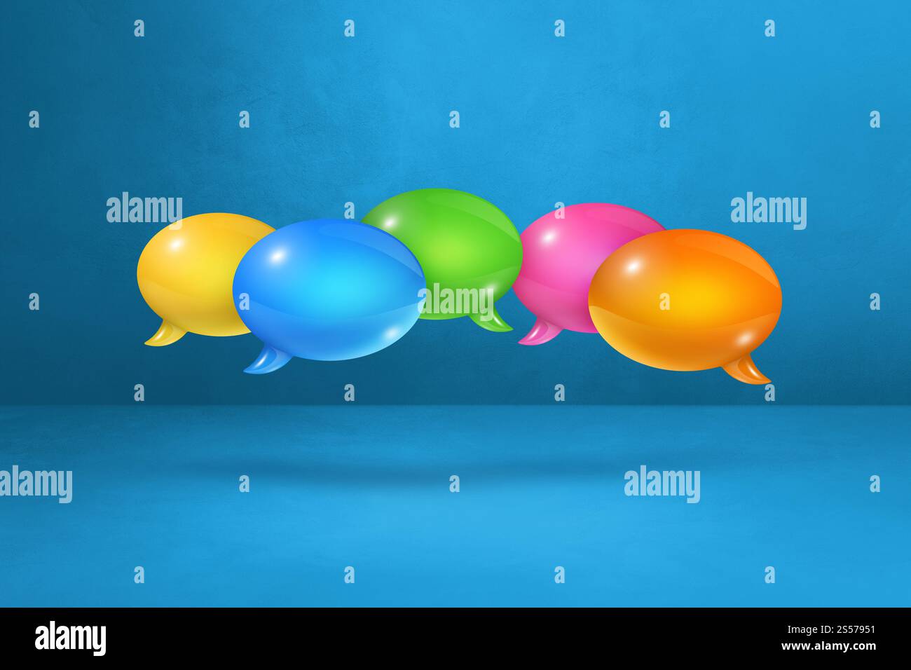 3D multicolor speech bubbles isolated on blue background. multicolor speech bubbles on blue background Stock Photo