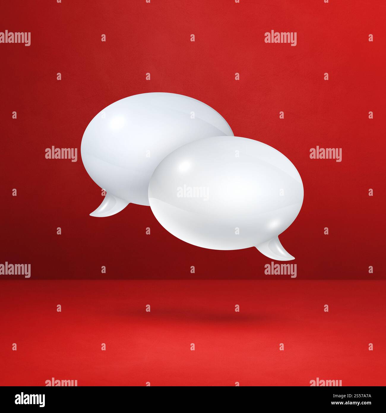 3D white speech bubbles isolated on red square background. White speech bubbles on red square background Stock Photo