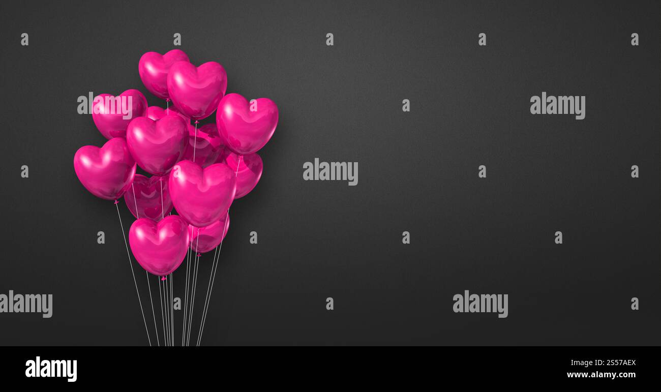 Pink heart shape balloons bunch on a black wall background. Horizontal ...