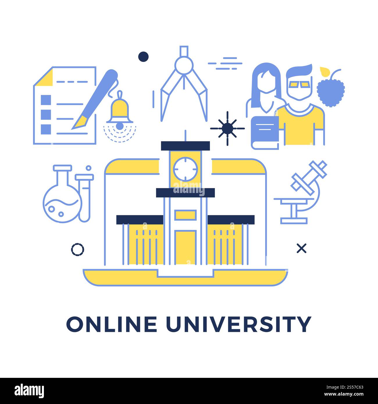 Online university flat outline vector concept isolated on white ...