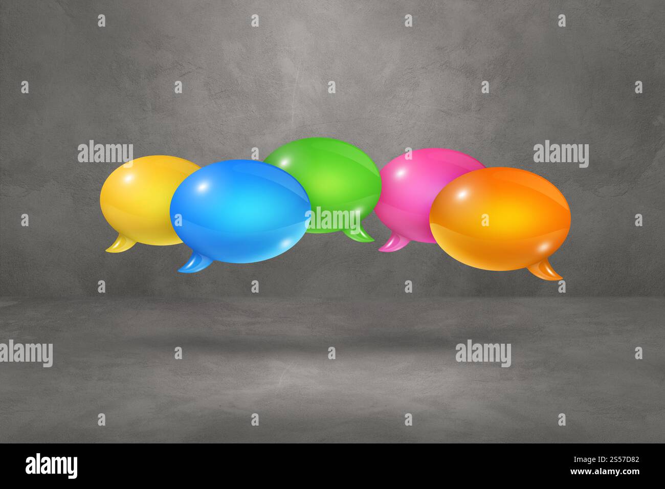 3D multicolor speech bubbles isolated on grey background. multicolor speech bubbles on grey background Stock Photo