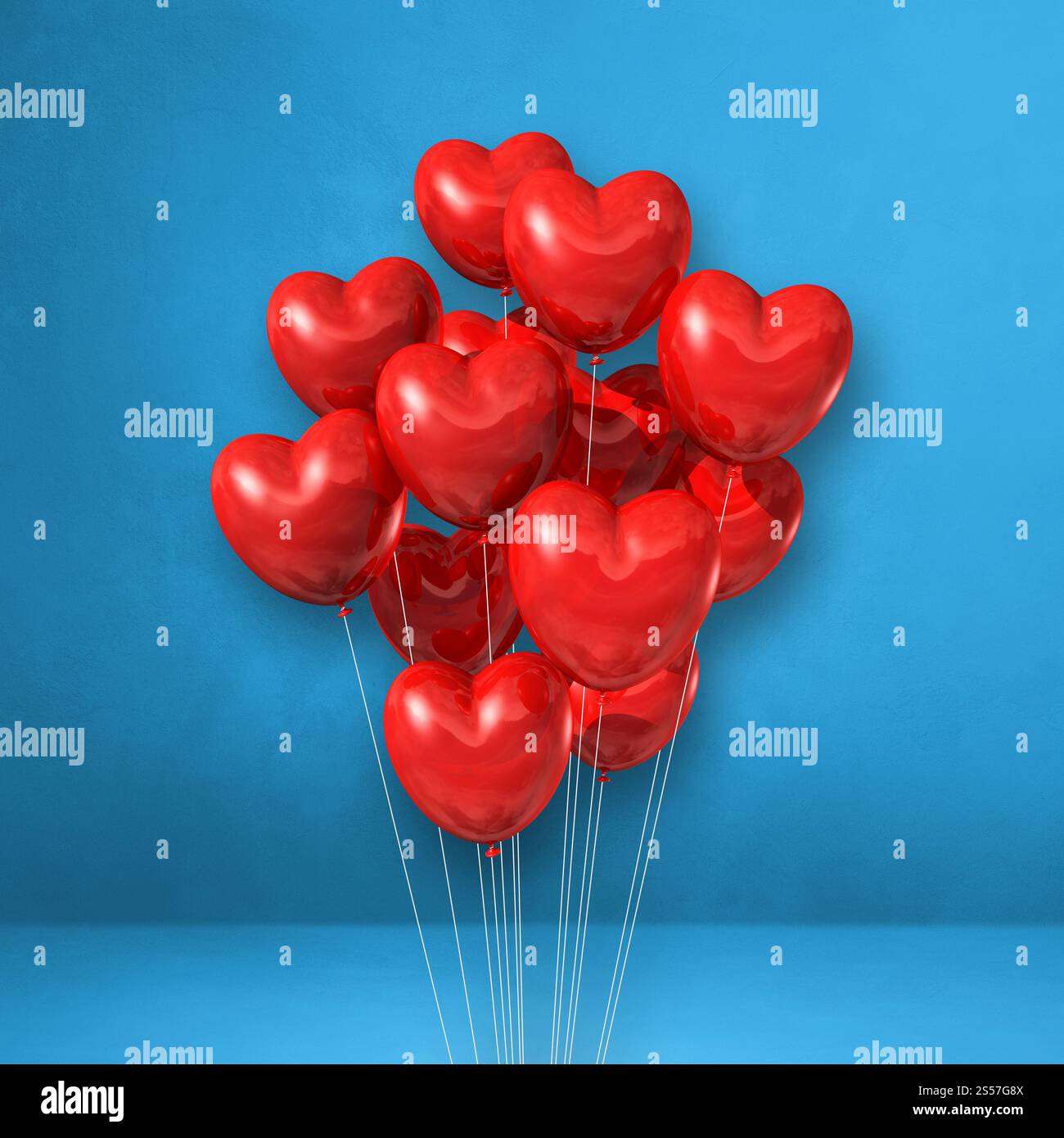 Red heart shape balloons bunch on a blue wall background. 3D ...