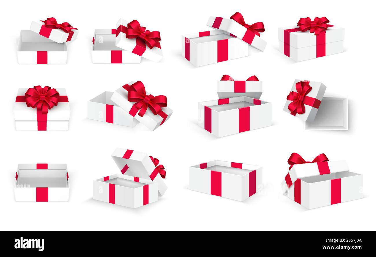 Gift boxes. White open present empty box with red bow and ribbons. Christmas and valentine day vector template. Illustration of cardboard box with bow ribbon. Gift boxes. White open present empty box with red bow and ribbons. Christmas and valentine day vector template Stock Vector