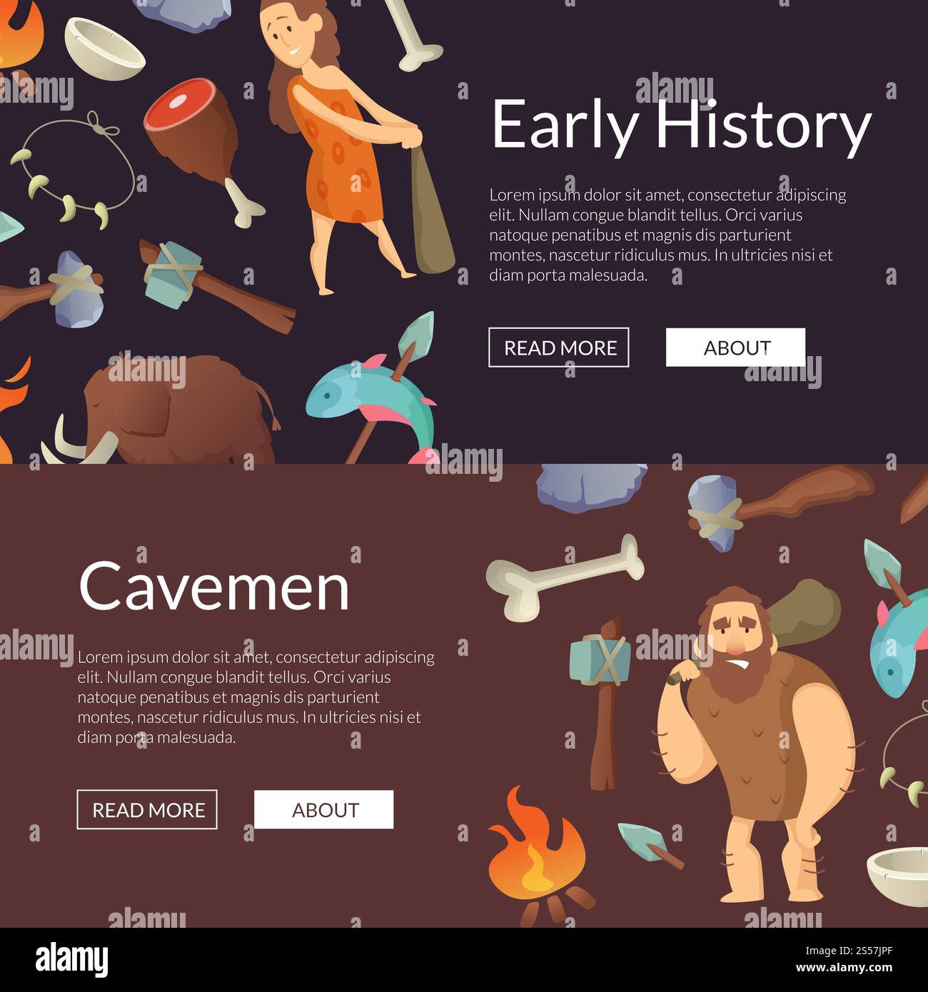 Vector color cartoon cavemen horizontal web banners and poster stone age illustration. Vector cavemen banners and poster stone age illustration Stock Vector