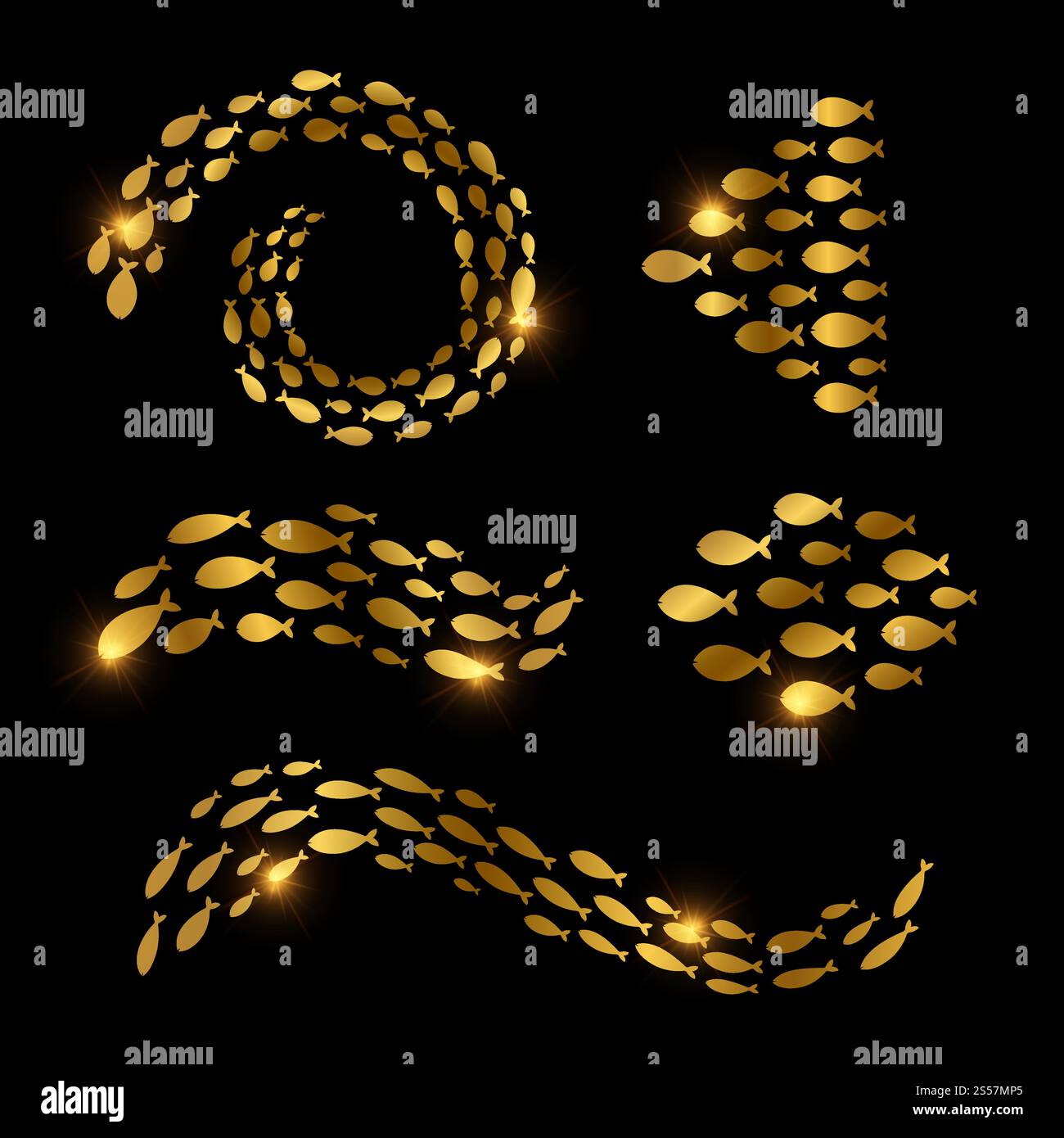 Groups of swimming fishes isolated vector set. Golden fishes group in ...