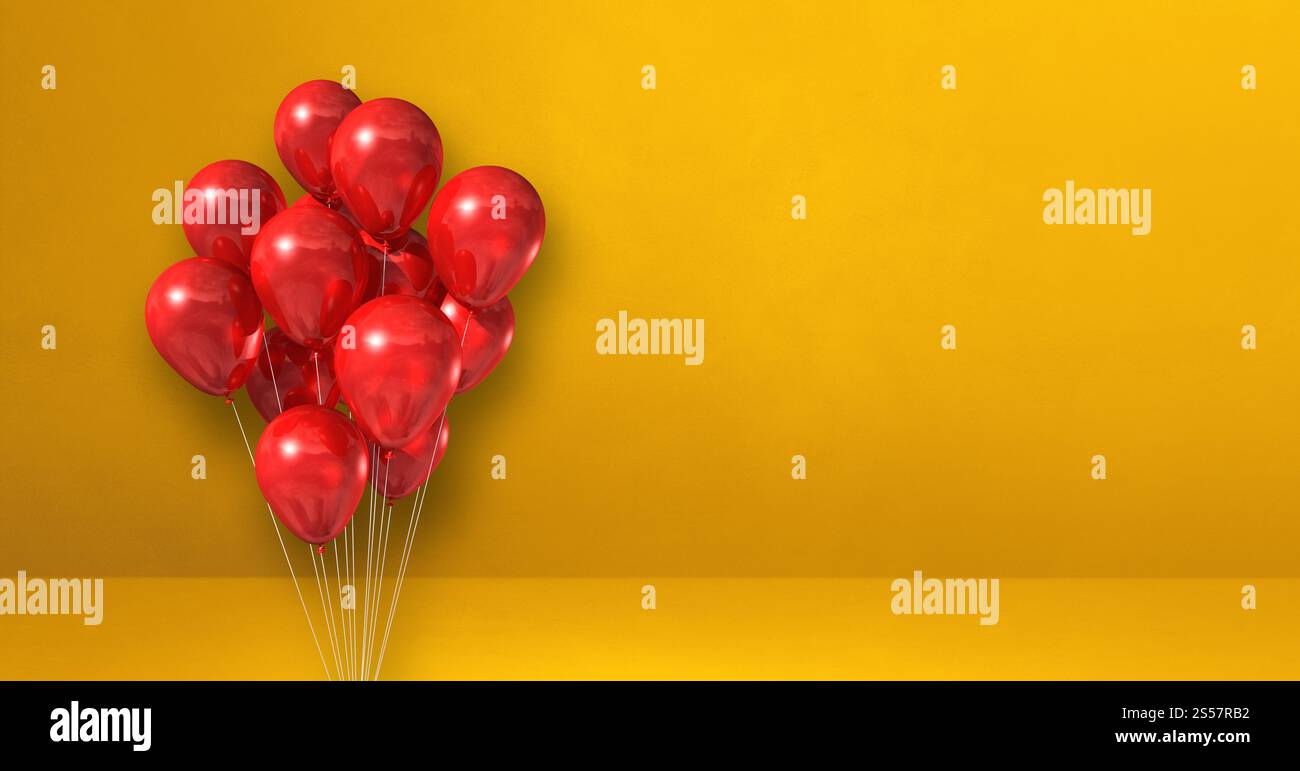Red balloons bunch on a yellow wall background. Horizontal banner. 3D ...