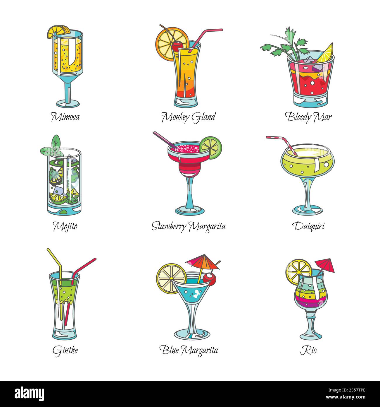 Cocktails sketch icons. Vector mimosa, monkey gland, bloody Mary or ...
