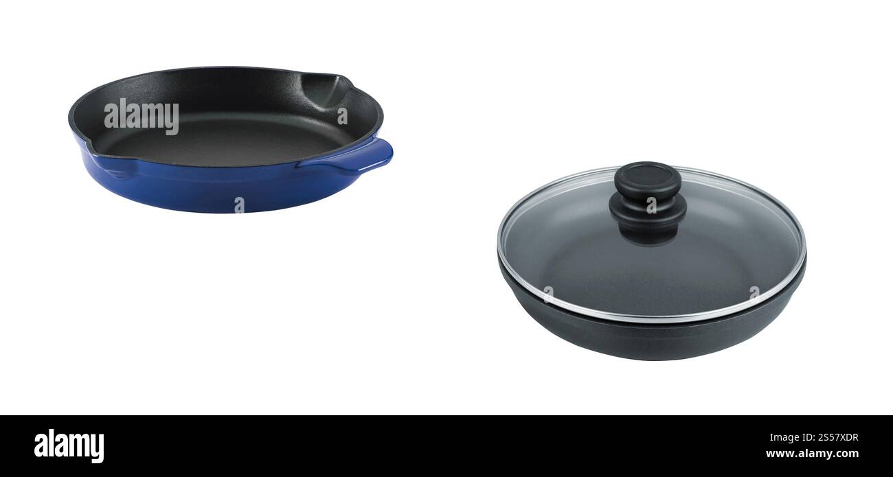 black and blue frying pans isolated on white Stock Photo