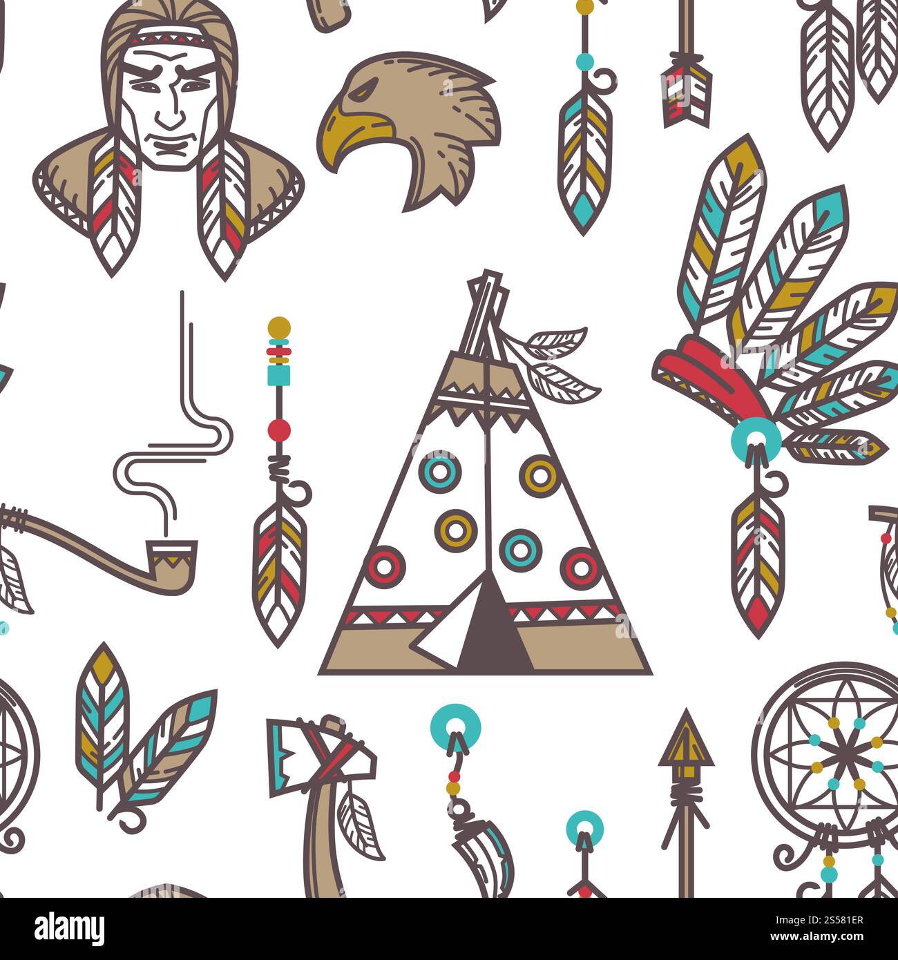 Native American Indians traditional culture symbols pattern background. Vector seamless design of Indigenous household and tribal icons wigwam hut, tomahawk weapon tools and smoking pipe. Native American Indians traditional culture symbols pattern background. Stock Vector