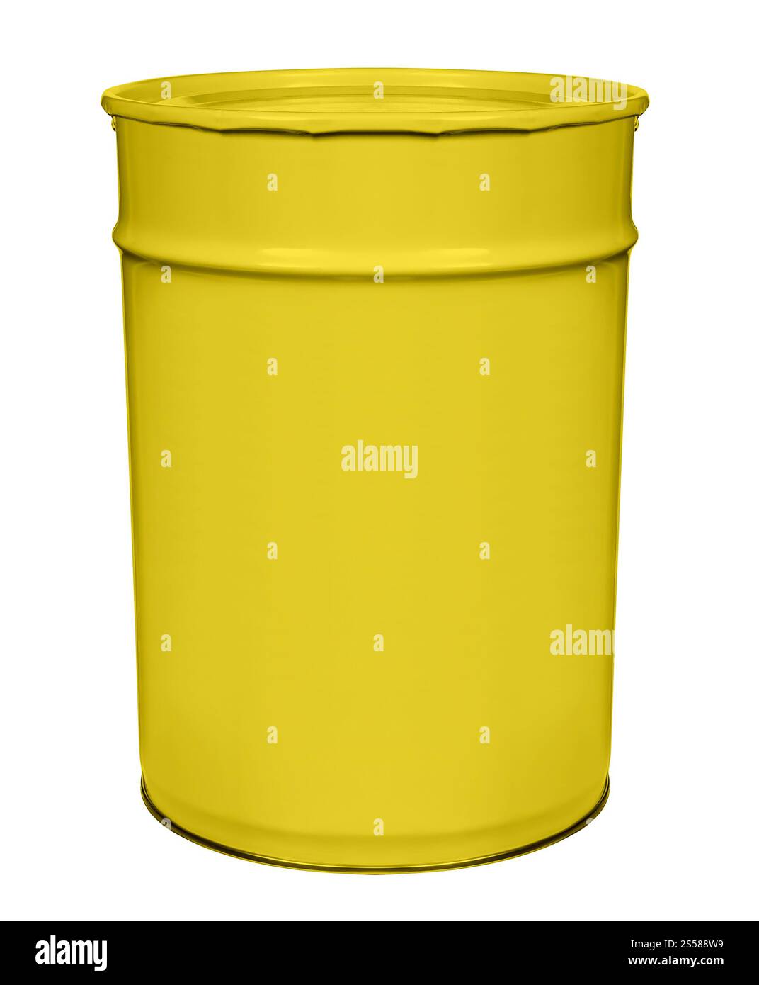 Can of yellow paint on white background Stock Photo