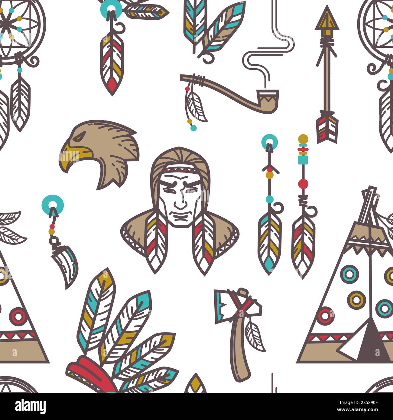 Native American Indians traditional culture symbols pattern background. Vector seamless design of Indigenous household and tribal icons wigwam hut, tomahawk weapon tools and smoking pipe. Native American Indians traditional culture symbols pattern background. Stock Vector