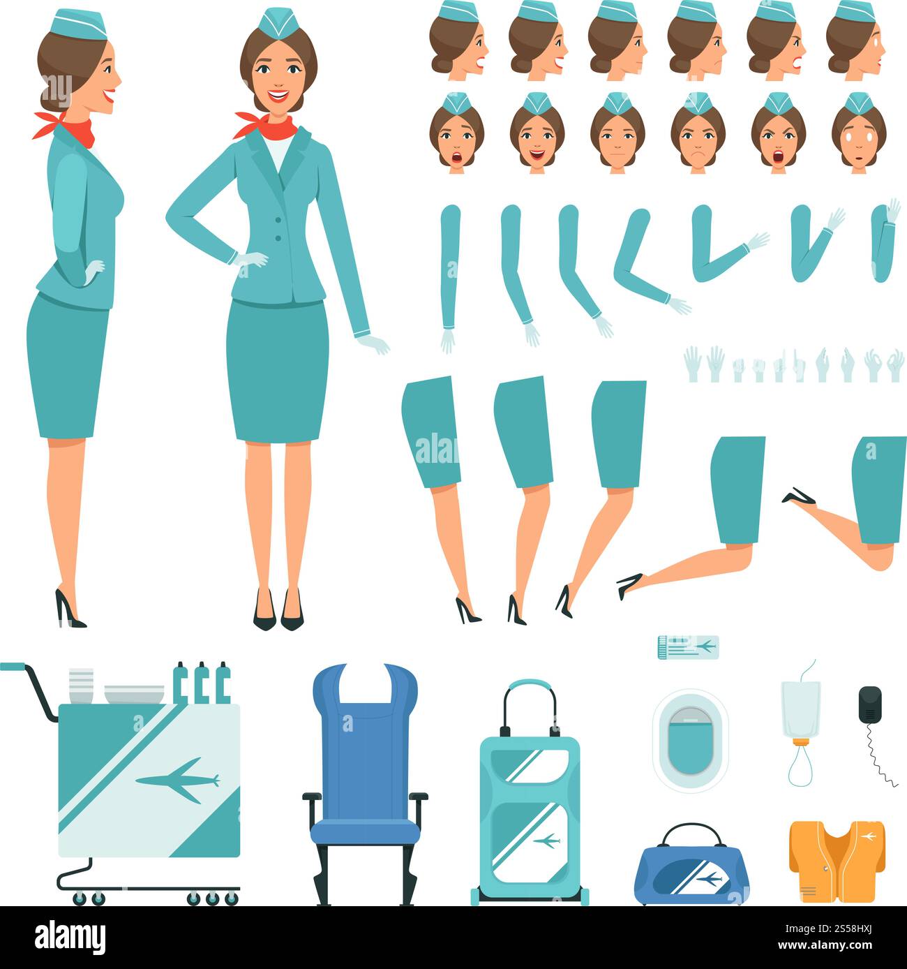 Constructor characters of Stewardess. Vector mascot creation kit. Woman ...