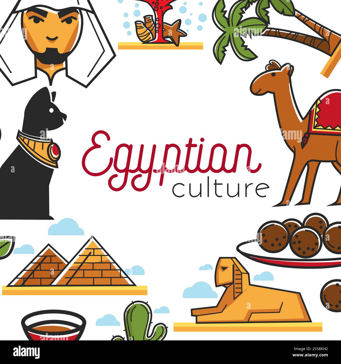 Egyptian culture poster with famous national symbols as frame. Bidduine with beard, coral reef,tall palms, fluffy camel, traditional dish, cat statue, ancient sphinx and pyramids vector illustrations.. Egyptian culture poster with famous national symbols as frame Stock Vector
