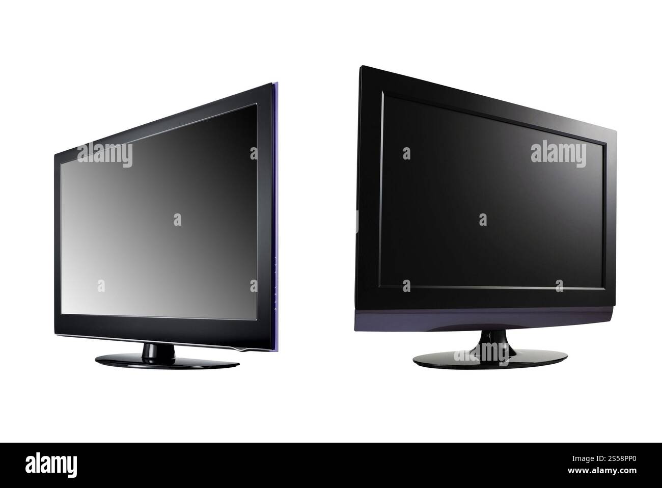 two LCD high definition flat screen TV against white background. two ...