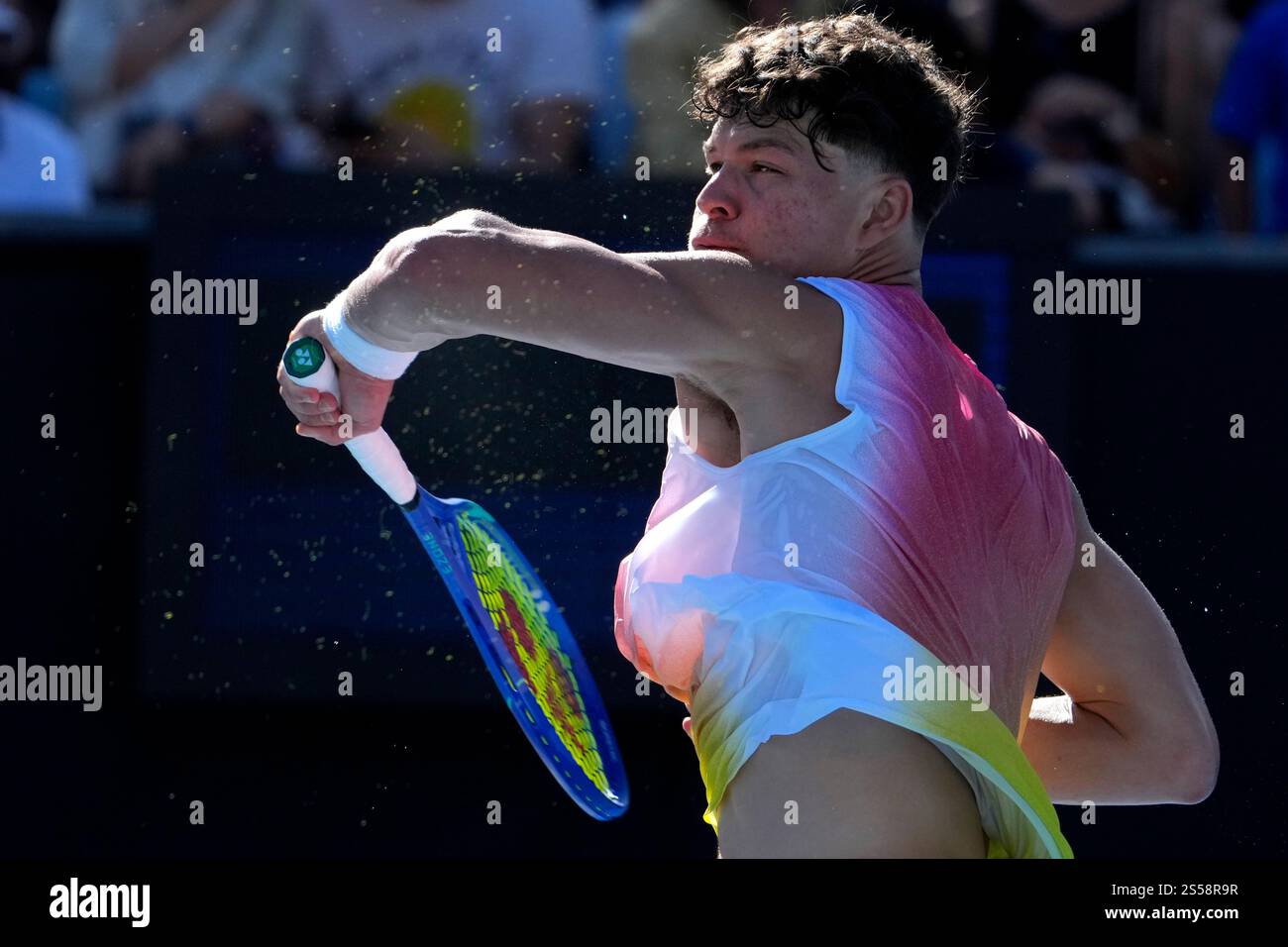 Ben Shelton of the U.S. plays a forehand return to compatriot Brandon