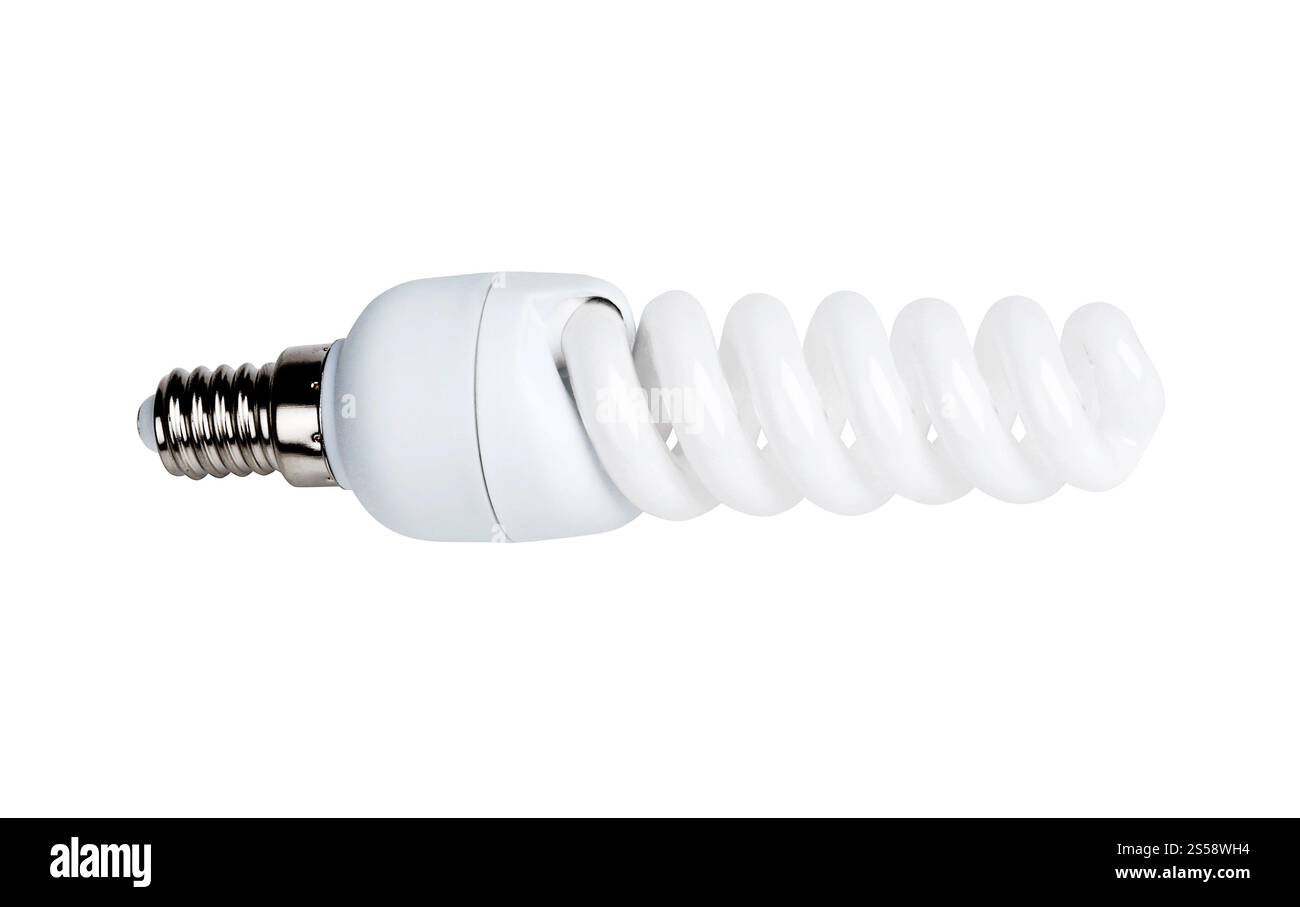 Energy saving fluorescent light bulb isolated on white background ...