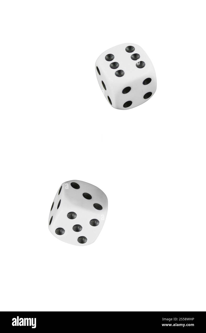 two white dices on white background. two white dices Stock Photo