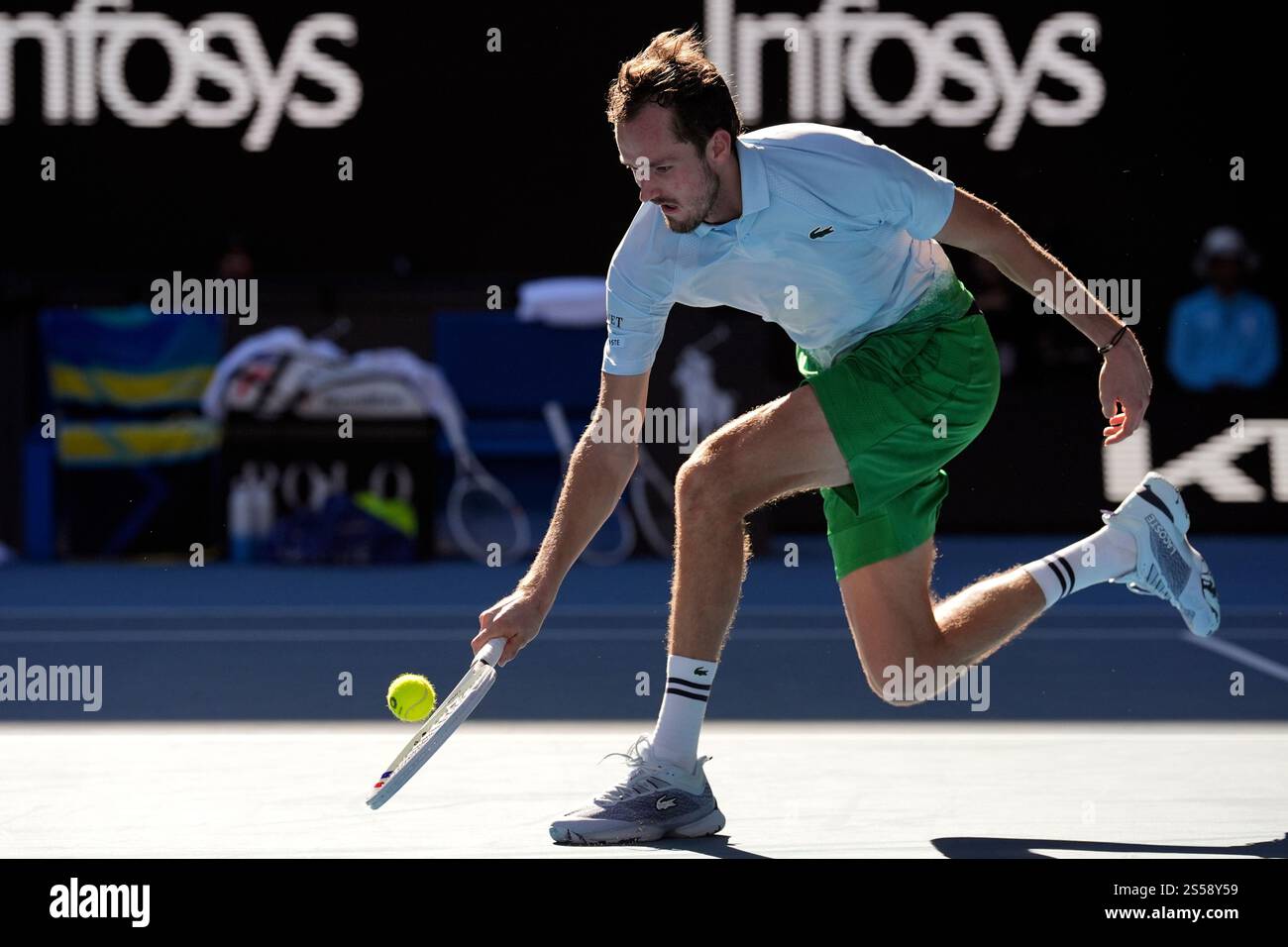 Daniil Medvedev of Russia plays a backhand return to Kasidit Samrej of