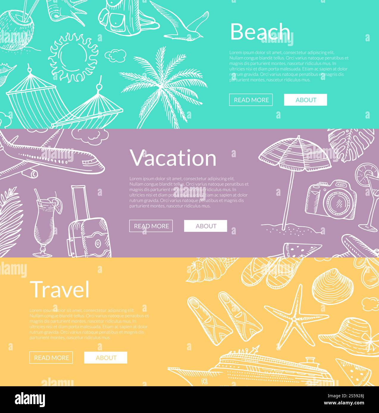 Vector hand drawn summer travel elements horizontal web banners and ...