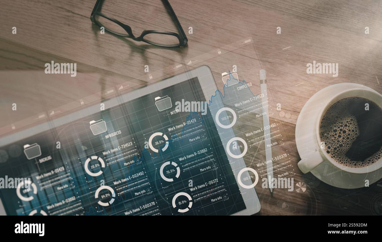 Top view Kanban board framework on virtual modern digital tablet computer showing innovation Agile software development lean project management tool Stock Photo