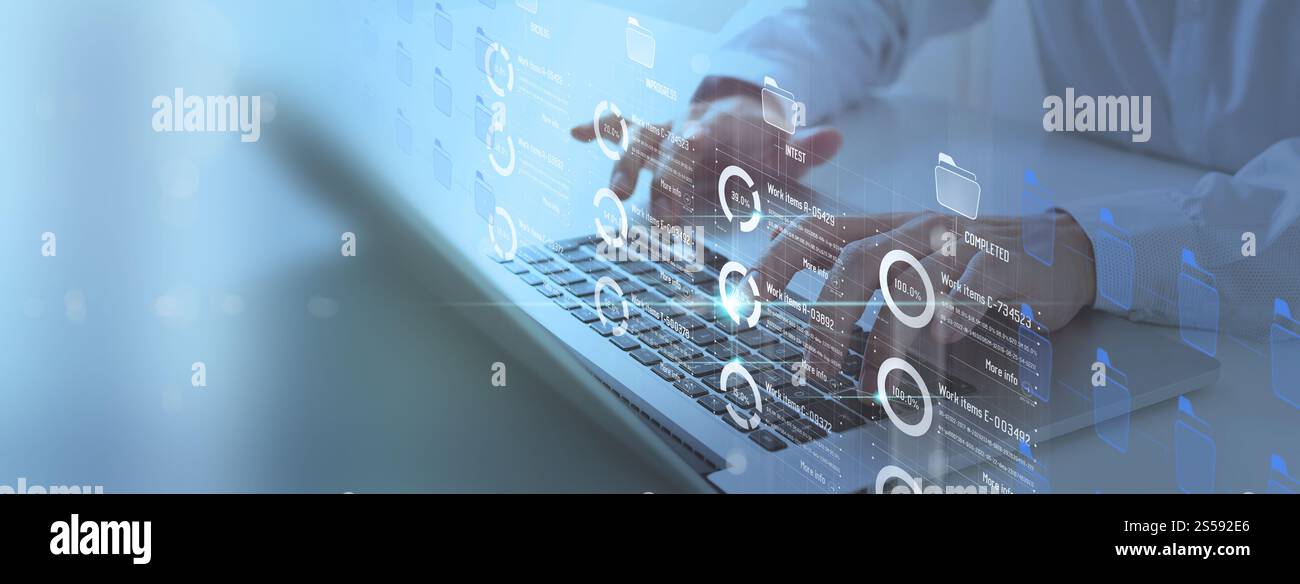 Business developer hand using Kanban board framework on virtual modern computer showing innovation Agile software development lean project management Stock Photo
