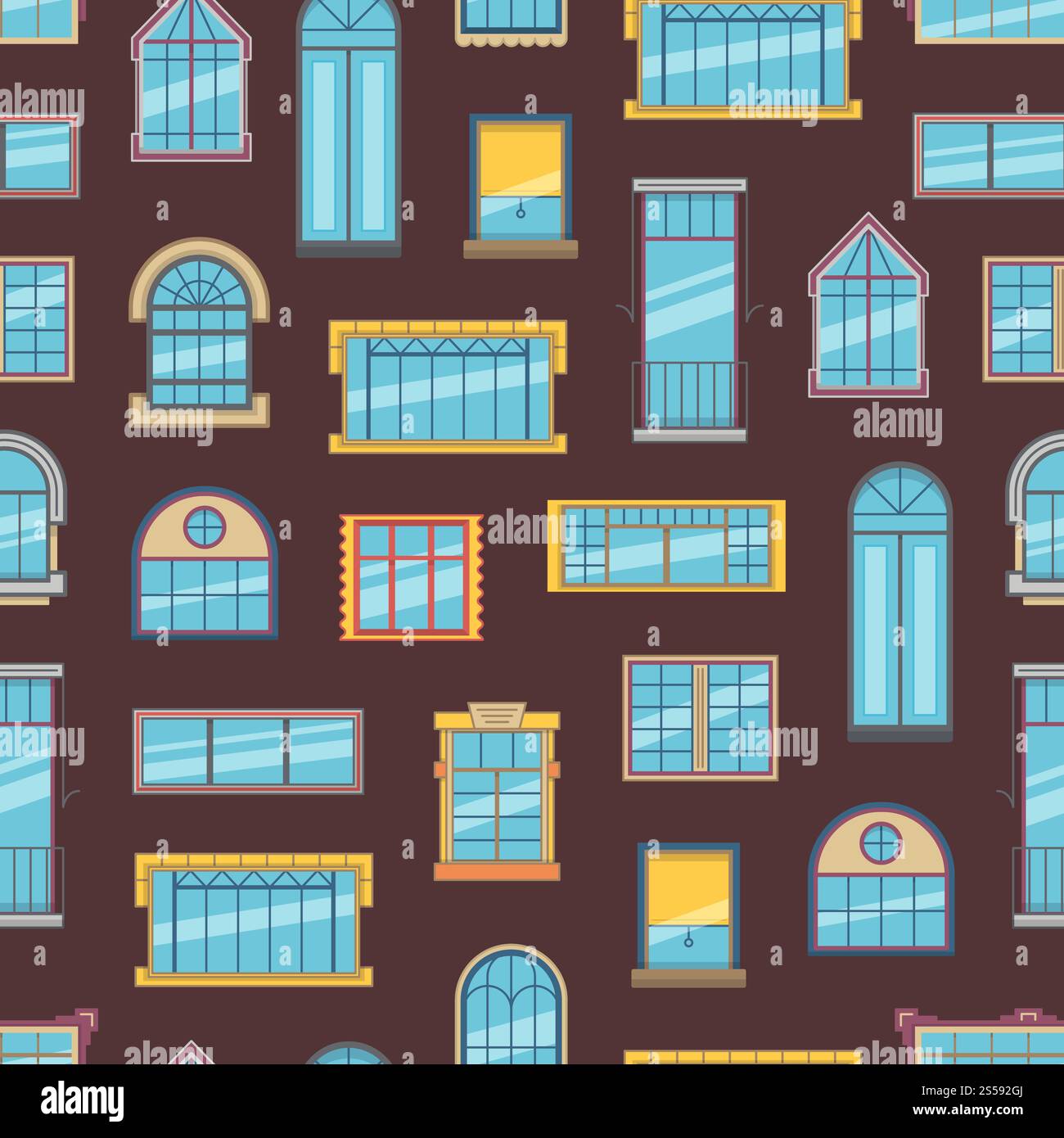 Vector cartoon colored window flat icons background or pattern illustration. Vector window flat icons background or pattern illustration Stock Vector