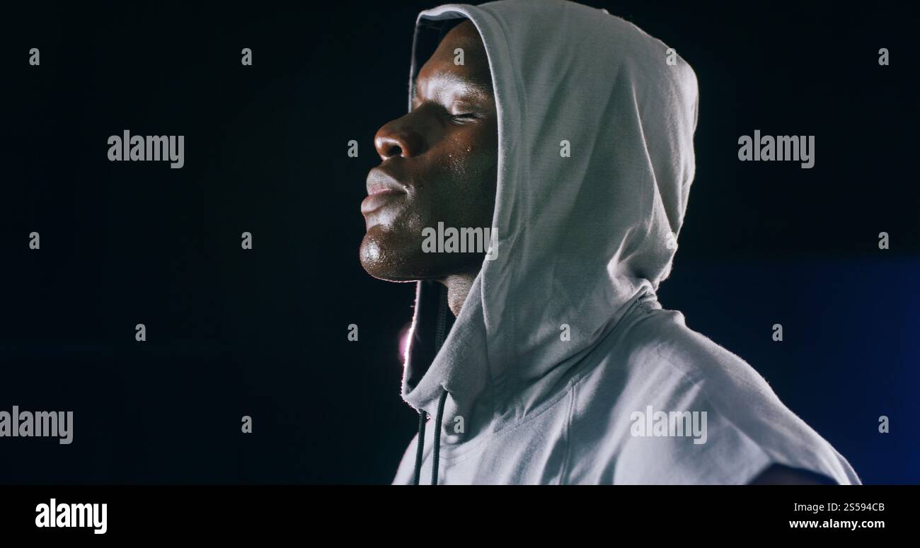 Thinking, black man and rest with fitness in studio of sport training ...