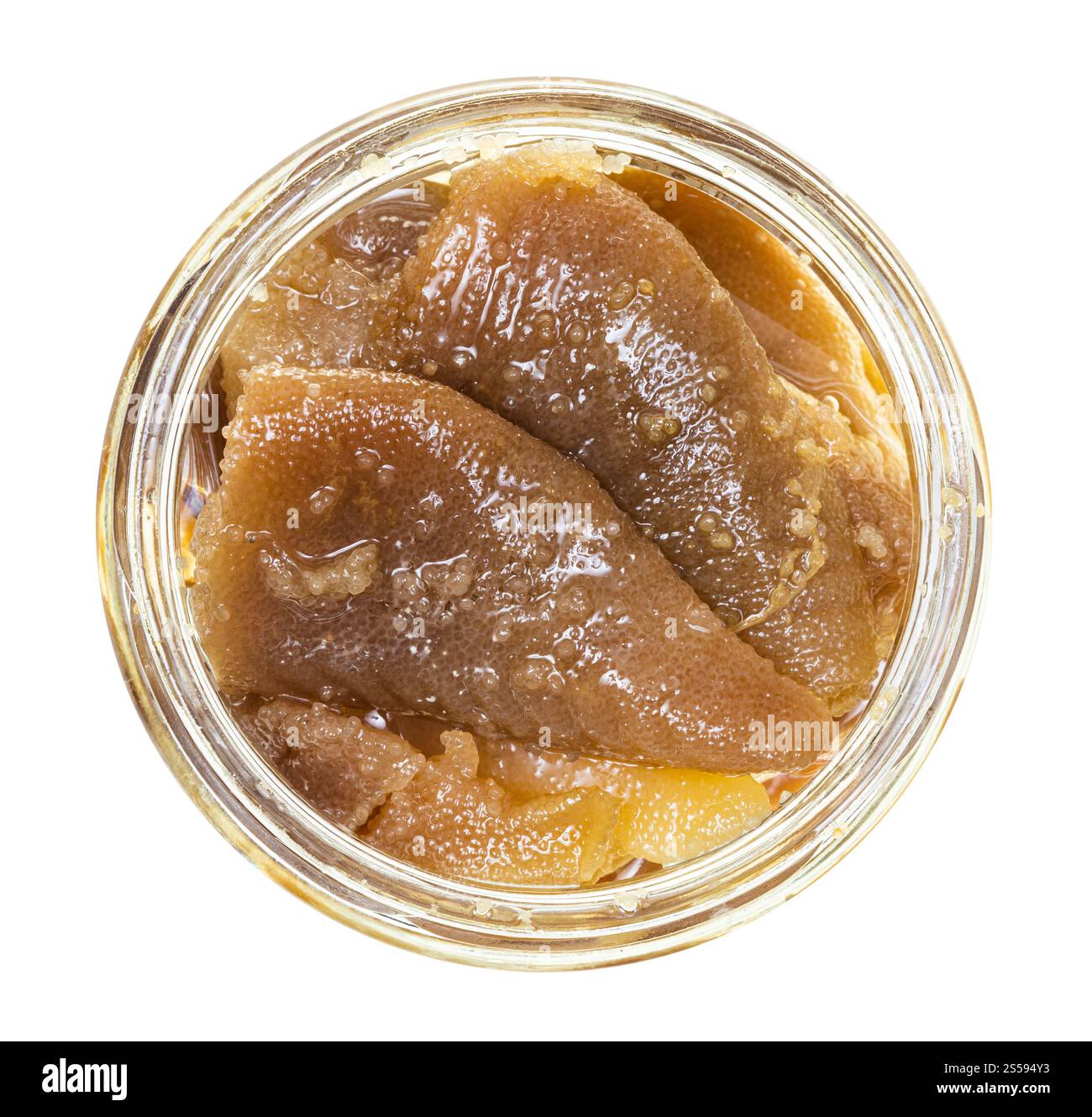 Salted Rae top view of salted herring roe in yastiki in oil in glass jar isolated ...