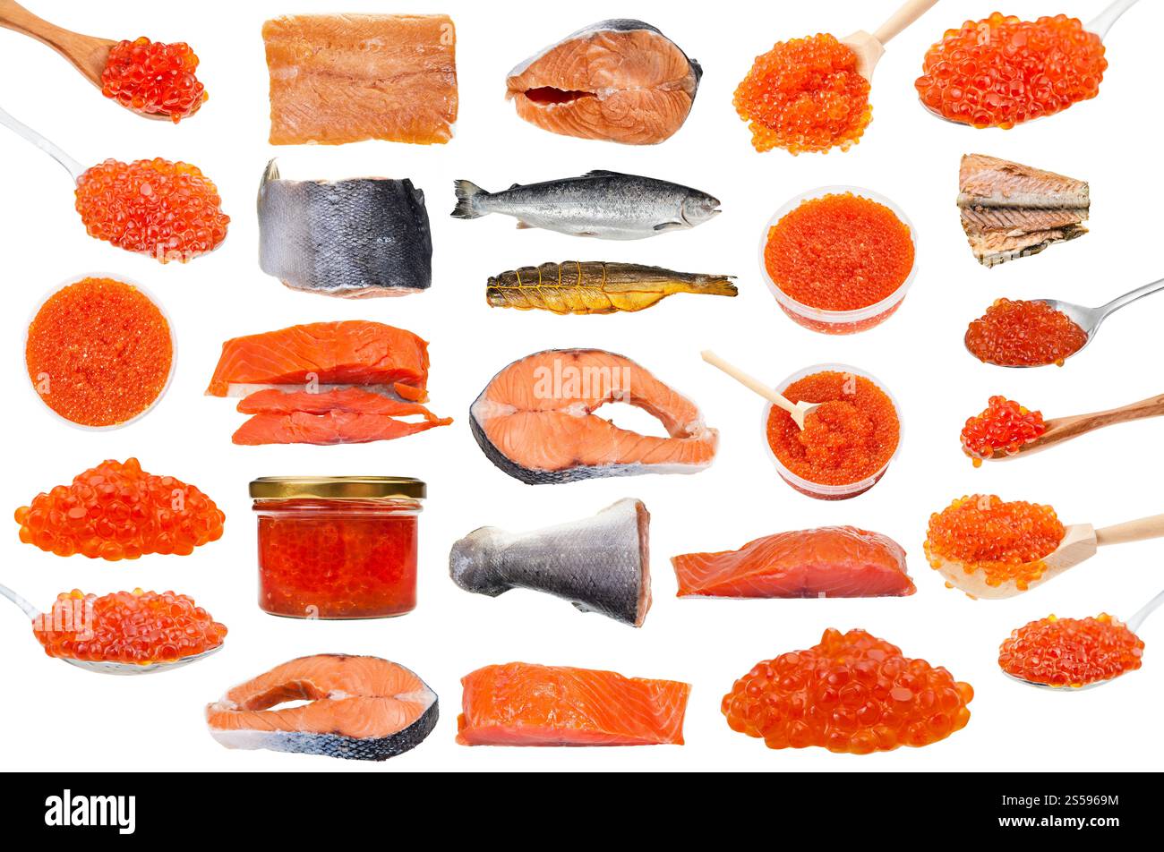 set of various raw and cooked salmon fishes and roe isolated on white ...