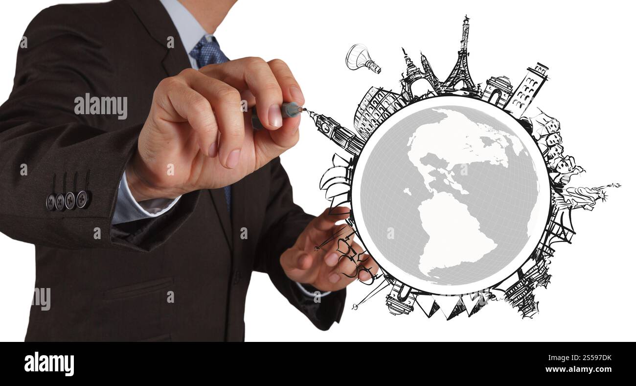 businessman hand draws dream travel around the world Stock Photo